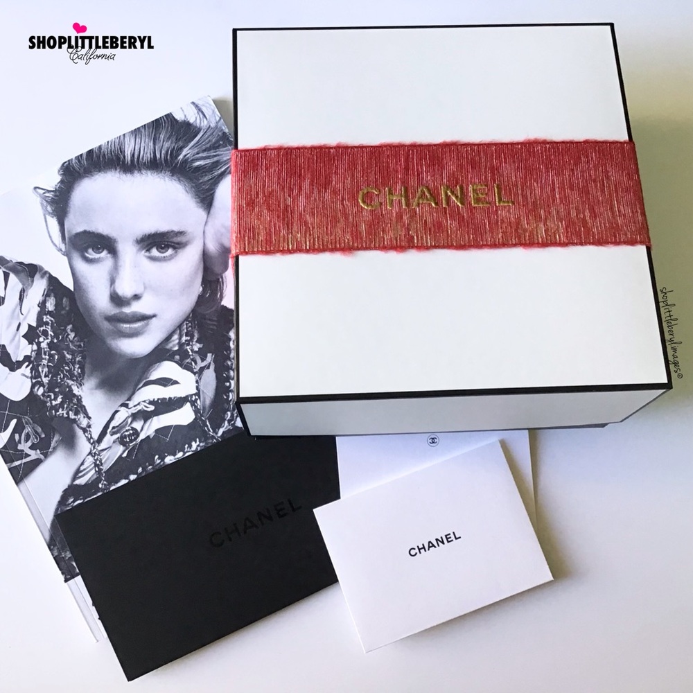 CHANEL Gift Box with Red & Gold Metallic Ribbon, 8 Piece Set, Black & White